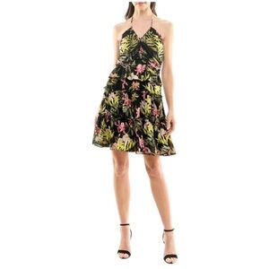 Floral Halter Dress Ruffle Tiered Tropical Print Mini Dress‎ Summer